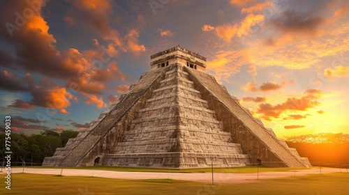 Ancient Pyramid in warm sunset tones, bathed in strong side lighting. Ai Generated photo