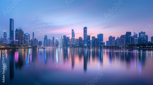 City Skyline Reflection over Water at Twilight