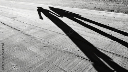 Complementary Shadows: An early morning or late afternoon shot of the long shadows of a thin and a thick individual cast side by side on a plain, light-colored surface, creating an interplay of forms