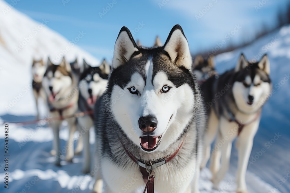 Sled dog Siberian husky is driving a sled through a winter snow-covered forest
