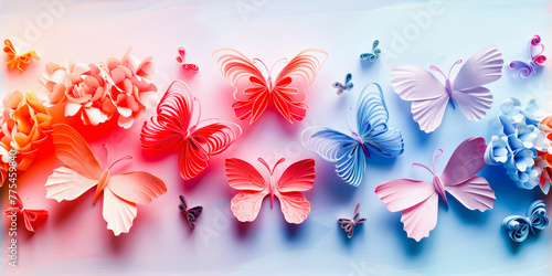 Colorful artistic butterflies and flowers in a gradient of red to blue, symbolizing creativity, nature, and vibrant beauty.