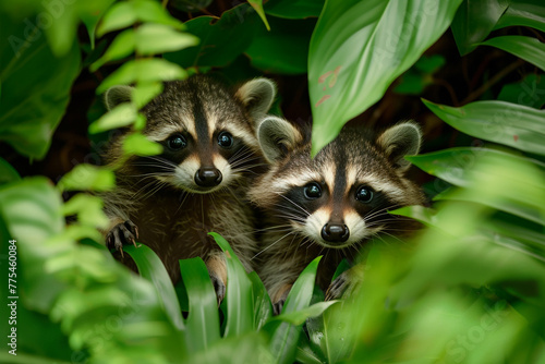 Charming baby raccoons peeking out from behind lush foliage in a dense forest, their masked faces and dexterous paws adding to their endearing appeal, captured in crisp HD imagery © baseer