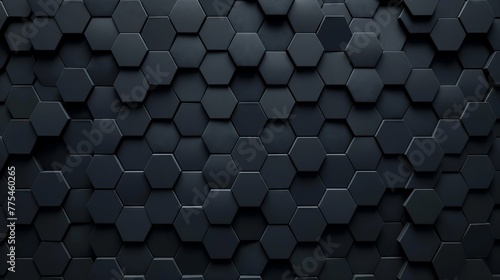 Black, Futuristic Mosaic Tiles arranged in the shape of a wall. Hexagonal, 3D, Bricks stacked to create a Semigloss block background. 3D Render © André Troiano