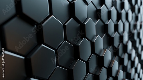 Black  Futuristic Mosaic Tiles arranged in the shape of a wall. Hexagonal  3D  Bricks stacked to create a Semigloss block background. 3D Render