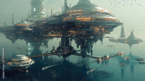 Futuristic Floating City with Advanced Underwater Mining © Sittichok