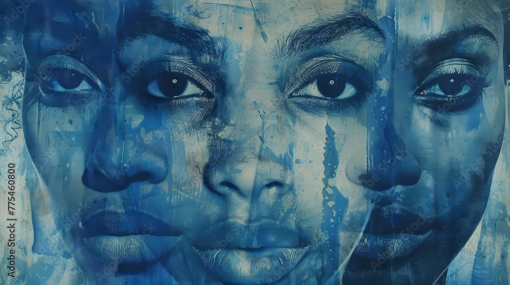 A closeup of a painting featuring the faces of two people, with prominent features like their mouth, jaw, eyelash, temple, and iris painted in electric blue hues, resembling a banknote artwork - obrazy, fototapety, plakaty 