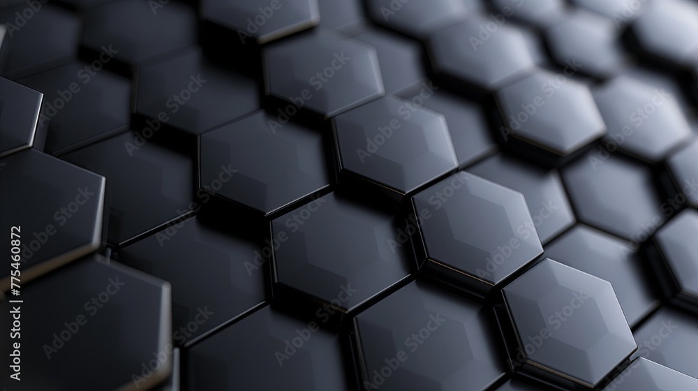 Black, Futuristic Mosaic Tiles arranged in the shape of a wall. Hexagonal, 3D, Bricks stacked to create a Semigloss block background. 3D Render Black, Futuristic Mosaic Tiles arranged in the shape of a wall. Hexagonal, 3D, Bricks stacked to create a Semigloss block background. 3D Render