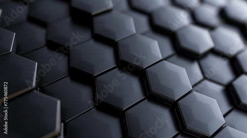 Black  Futuristic Mosaic Tiles arranged in the shape of a wall. Hexagonal  3D  Bricks stacked to create a Semigloss block background. 3D Render