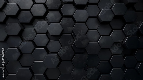 Black, Futuristic Mosaic Tiles arranged in the shape of a wall. Hexagonal, 3D, Bricks stacked to create a Semigloss block background. 3D Render