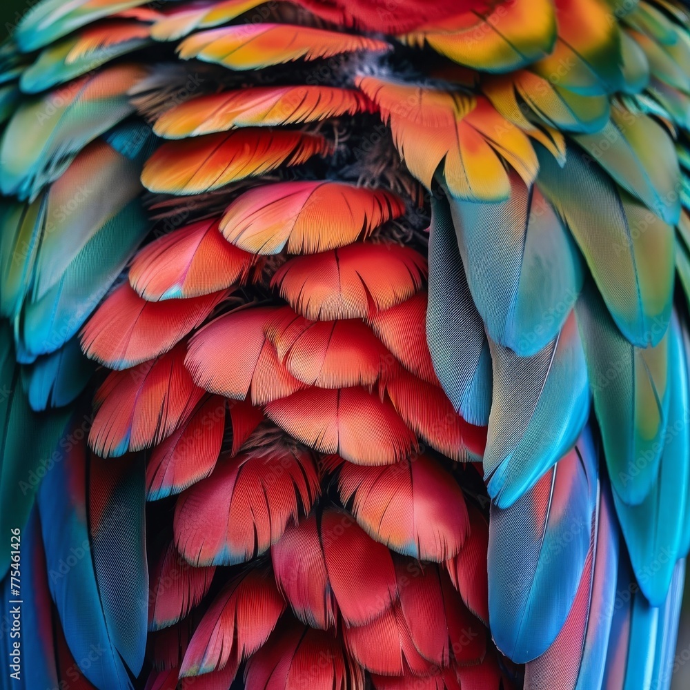 A vibrant close-up of a parrot's plumage, showcasing a spectrum of colors. The background is intentionally understated and monochromatic to make the bird's natural colors pop, illustrating the beauty A vibrant close-up of a parrot's plumage, showcasing a spectrum of colors. The background is intentionally understated and monochromatic to make the bird's natural colors pop, illustrating the beauty