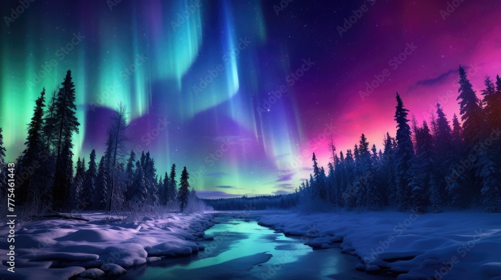 Winter aurora paints a mesmerizing spectrum of colors across the night sky, Ai Generated.