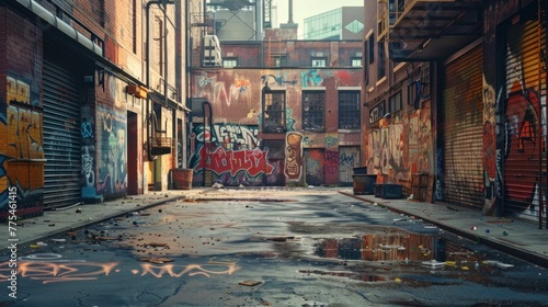 An urban alleyway featuring a blank graffiti wall waiting for your creativity. © 2D_Jungle
