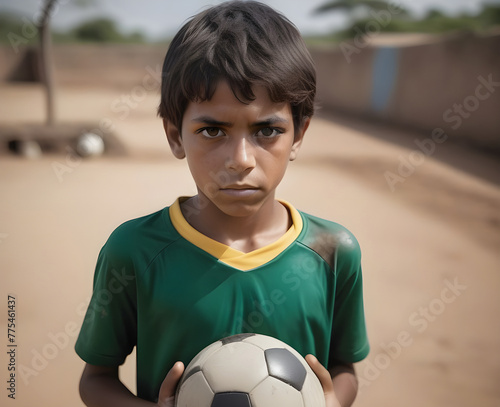 Simple boy holding a ball on dirt street. Image in AI © wesleyyaya