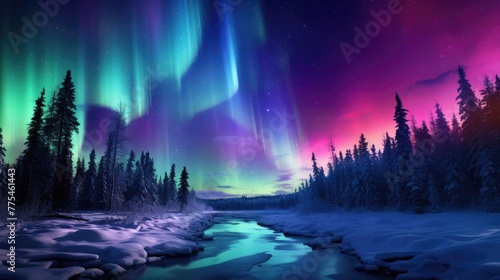 Winter aurora paints a mesmerizing spectrum of colors across the night sky  Ai Generated.