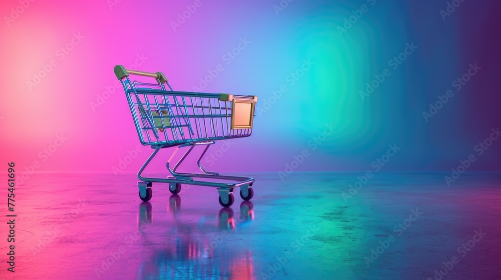Embrace virtual shopping with a cart on a bright neon-colored backdrop. Ai Generated.
