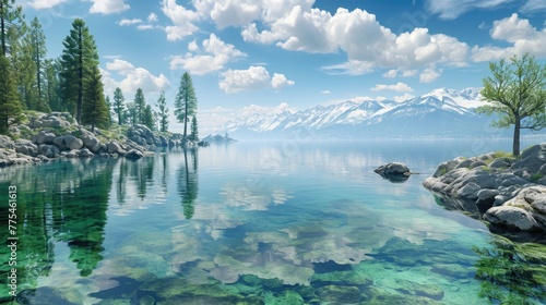 Panoramic view of the serene Mountain Lake Tahoe, where the azure waters meet the majestic mountain range, Ai Generated