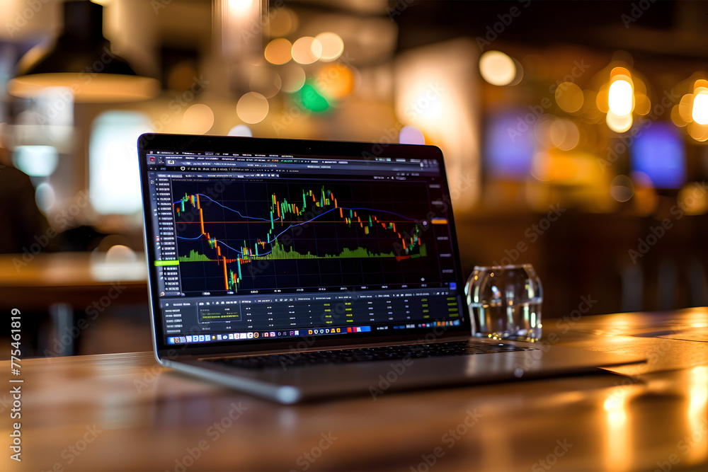 laptop having stock market chat showing growth, object on left side having blur background laptop having stock market chat showing growth, object on left side having blur background