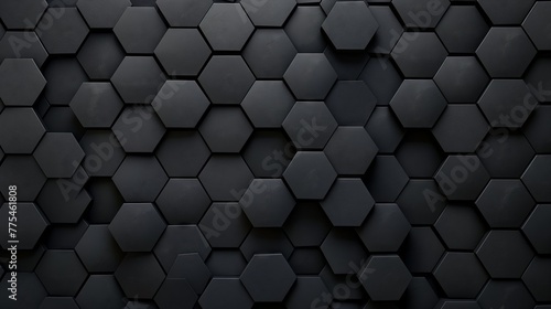 Black, Futuristic Mosaic Tiles arranged in the shape of a wall. Hexagonal, 3D, Bricks stacked to create a Semigloss block background. 3D Render