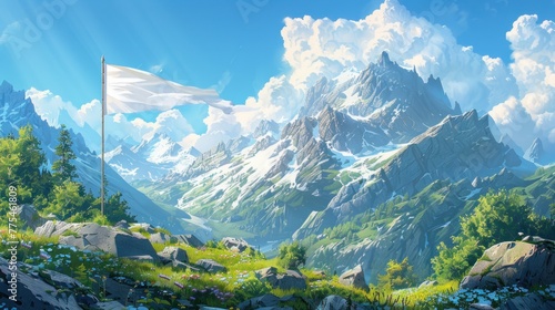 A picturesque mountain landscape with a blank flag flying in the breeze.