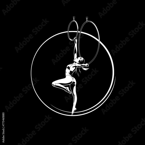 A muscular gymnast performing an aerial ring routine is depicted in a striking white silhouette against a black background, suggesting a minimalist and powerful logo design