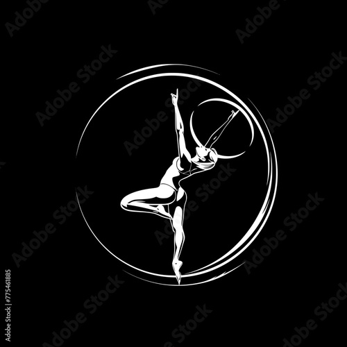 A muscular gymnast performing an aerial ring routine is depicted in a striking white silhouette against a black background, suggesting a minimalist and powerful logo design