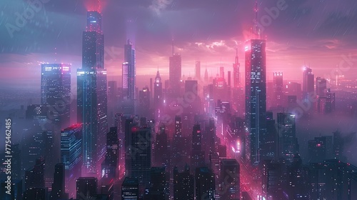 Neon-Lit Futuristic Cityscape Towering into the Night