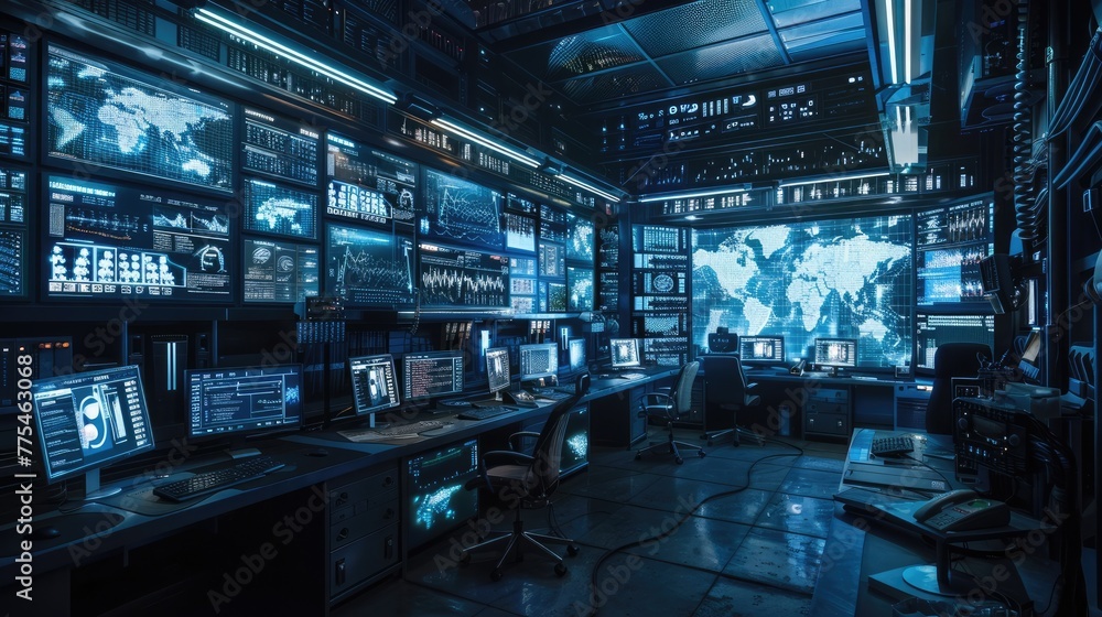High-Tech Command Center Monitoring Real-Time Data Feeds