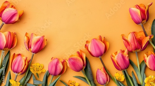 Graceful tulip border offers a touch of beauty with ample copy space. Ai Generated. #775463074
