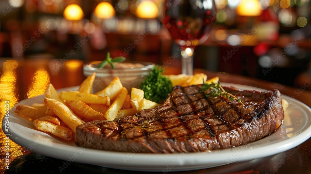 Savor American steak at the bar with chips and savory gravy, Ai Generated Savor American steak at the bar with chips and savory gravy, Ai Generated