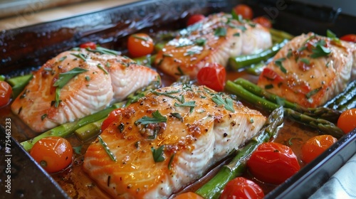Delicious baked salmon adorned with asparagus, tomatoes, and fresh herbs, Ai Generated