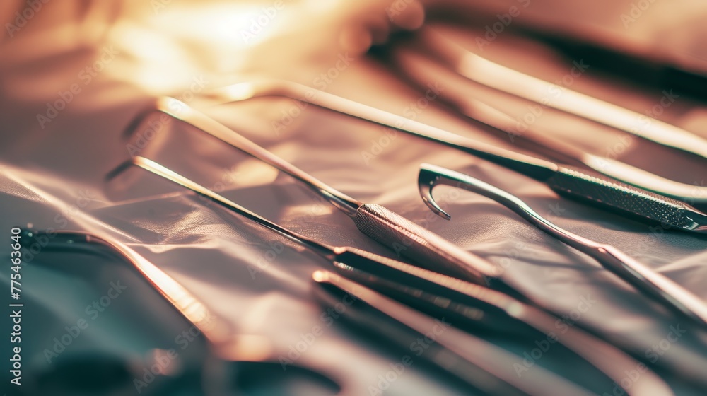 A close-up, though non-graphic, image of surgical tools laid out with precision on a sterile table, with an abstract, softly lit background emphasizing the cleanliness, precision, and preparedness of
