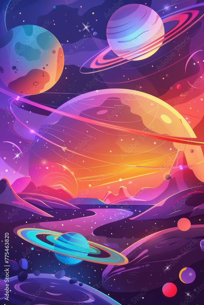 Outer space background with place for text. Cosmos scenes with planets, stars, comets. Vector illustration of galaxy. Greeting card collection in sci-fi style Outer space background with place for text. Cosmos scenes with planets, stars, comets. Vector illustration of galaxy. Greeting card collection in sci-fi style