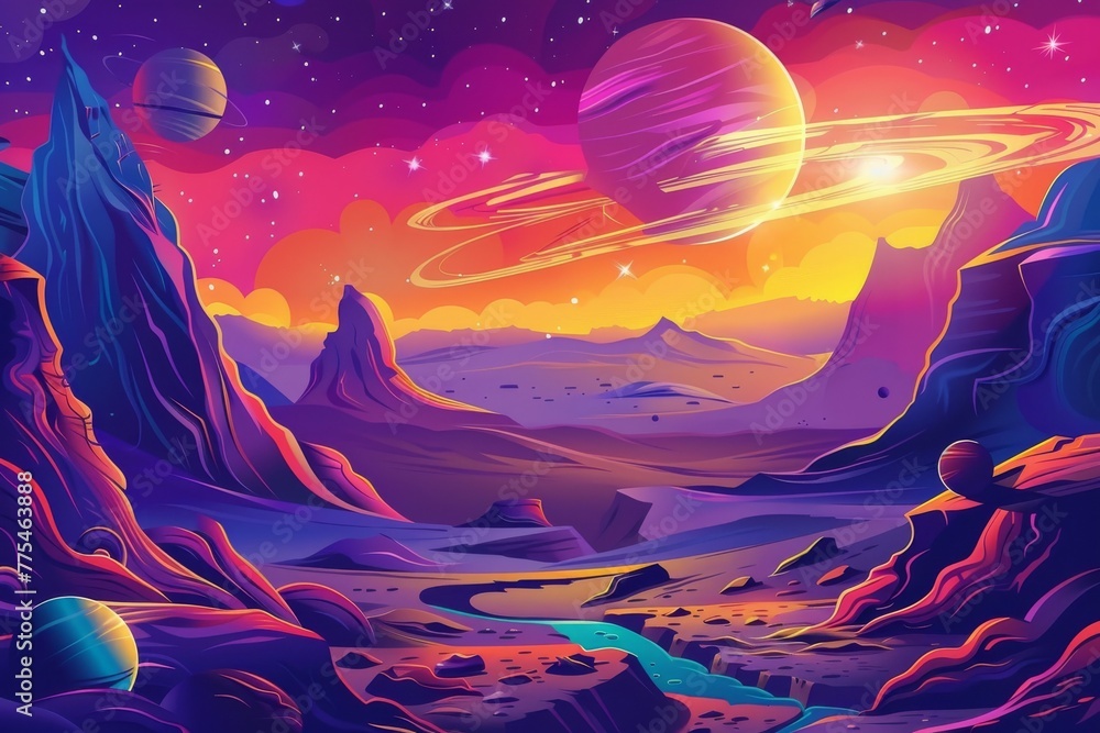 Outer space background with place for text. Cosmos scenes with planets, stars, comets. Vector illustration of galaxy. Greeting card collection in sci-fi style Outer space background with place for text. Cosmos scenes with planets, stars, comets. Vector illustration of galaxy. Greeting card collection in sci-fi style