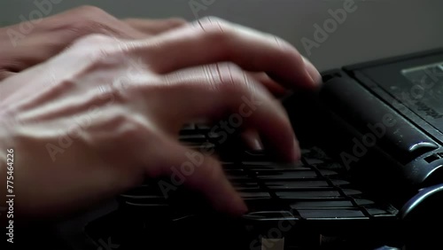 A Blind Man Using A Steno Machine, (Stenotype Machine, Shorthand Machine or Stenograph). Close Up. 4K Resolution. photo