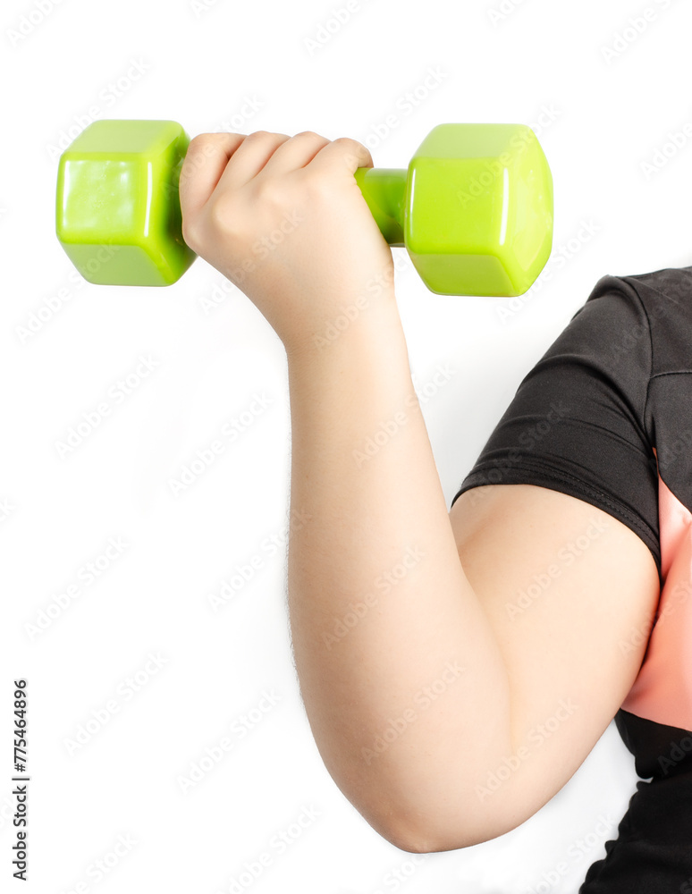 Plus size sporty woman with arm lifting weights on white background. Plus size sporty woman with arm lifting weights on white background.