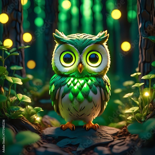 picture of chibi green eye owl follow in group with glowing nature epic nature night light on glowing nature of life