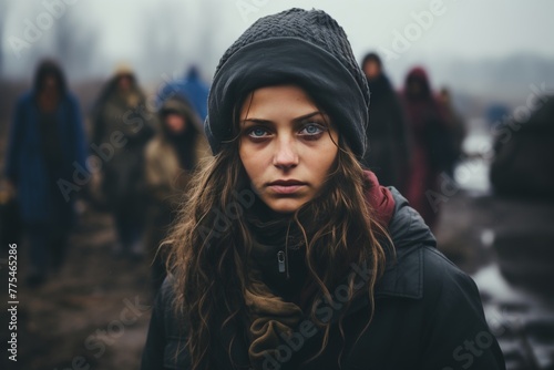 Crowd of European Refugees Many people escape the ravages of war by land photo