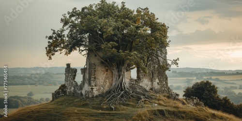 A solitary looking tree with roots entwined around the crumbling ruins of a medieval tower, symbolizes the passage of time and resilience of life created with Generative AI Technology