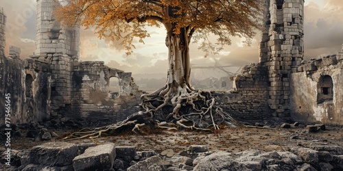A solitary looking tree with roots entwined around the crumbling ruins of a medieval tower, symbolizes the passage of time and resilience of life created with Generative AI Technology photo