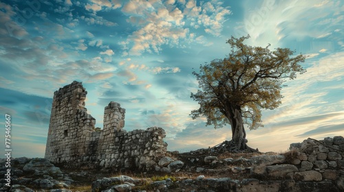 A solitary looking tree with roots entwined around the crumbling ruins of a medieval tower, symbolizes the passage of time and resilience of life created with Generative AI Technology