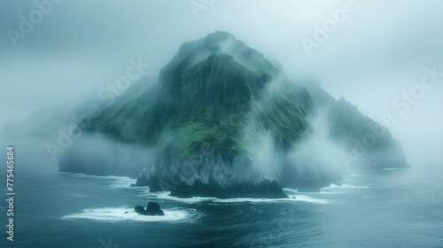 The aerial view of the amazing island is covered in fog. Aesthetic calm background. Tranquil landscape. Generative AI © kovalovds