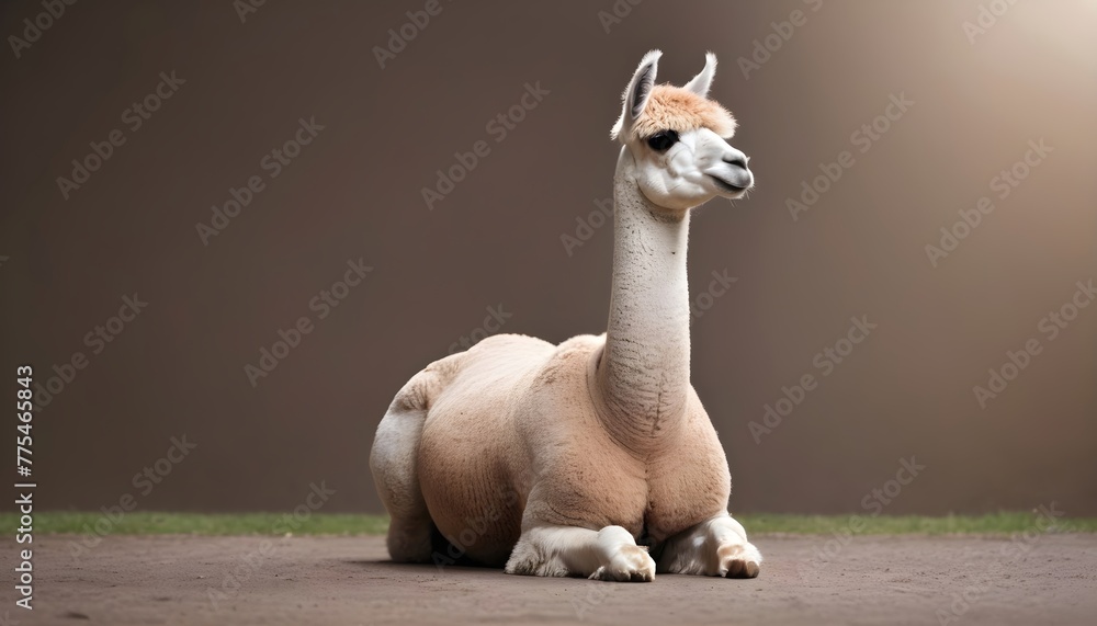 Fototapeta premium Calm looking alpaca or llama wearing simple clothes, sitting on ground in lotus like position. Zen meditation concept. Banner with space for text at side. Generative AI 