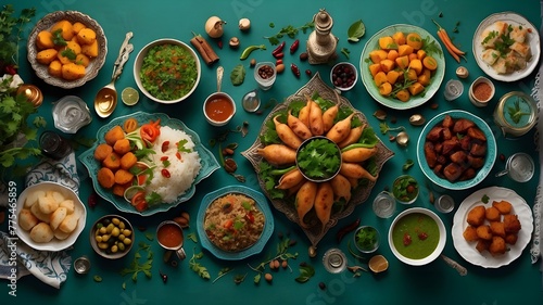 a top-down, photorealistic image of a Ramadan feast with everything on the table. AI-generated green color scheme, Muslim cuisine, and Eid décor