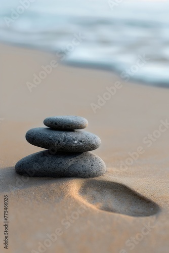Minimalist  abstract background  A stack of rocks sits on top of a sandy beach  serene  calm  and peaceful atmosphere
