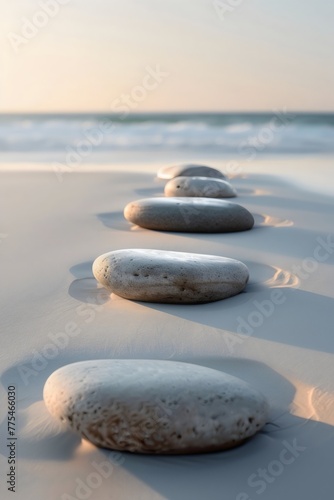 Minimalist, abstract background, A line of rocks on top of a sandy beach, creating a minimalist and abstract background, ideal for those seeking a Zen experience