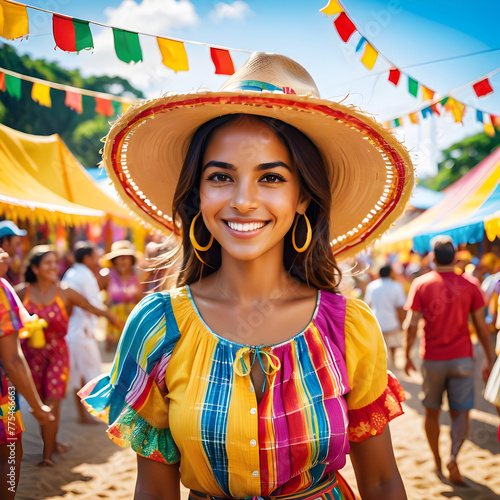Latin woman dancing at a typical Brazilian party june. Image AI. photo