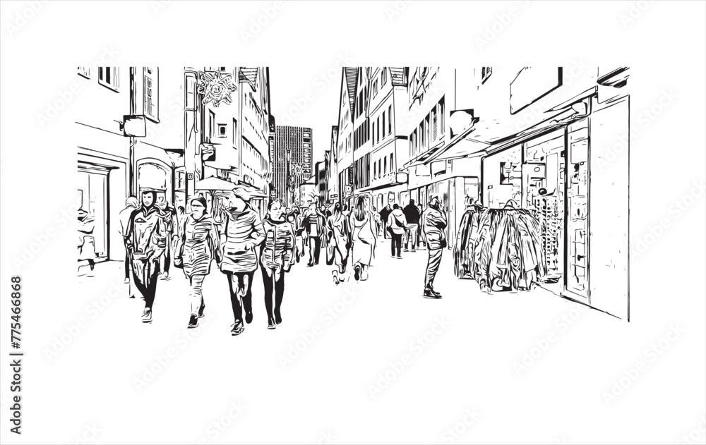 Obraz premium Print Building view with landmark of Reutlingen is a city in Germany. Hand drawn sketch illustration in vector.