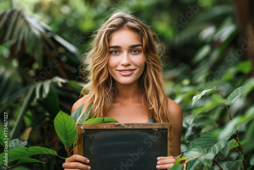 A woman is holding a blackboard in a jungle