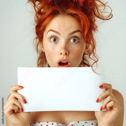 A woman with red hair is holding a blank piece of paper