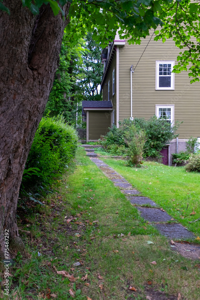 The backyard of a large tan-colored wooden house with glass windows and white trim. The garden has lush green grass, shrubs and mature trees. There's a concrete stone pathway leading to the rear yard. The backyard of a large tan-colored wooden house with glass windows and white trim. The garden has lush green grass, shrubs and mature trees. There's a concrete stone pathway leading to the rear yard.
